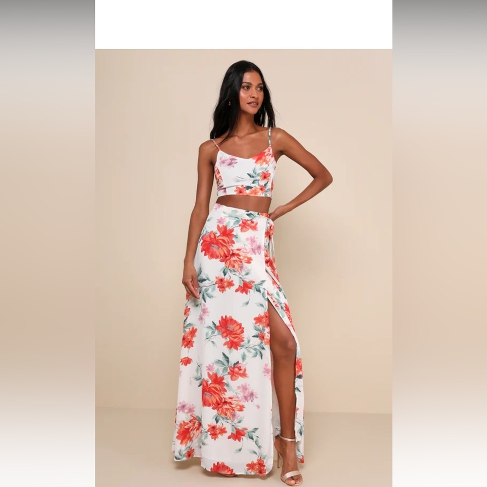 Lulus Bloom With a View White Floral Print Two-Piece Maxi Dress